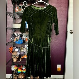 Unique Vintage 1950s Moss Green Velvet Swing Dress
